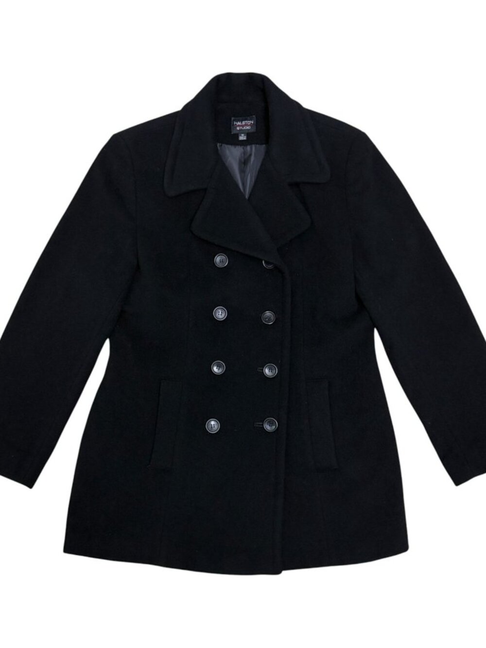 HALSTON WOOL & CASHMERE PeaCoat Black Luxury Business Winter Jacket Women Medium - Picture 4 of 6